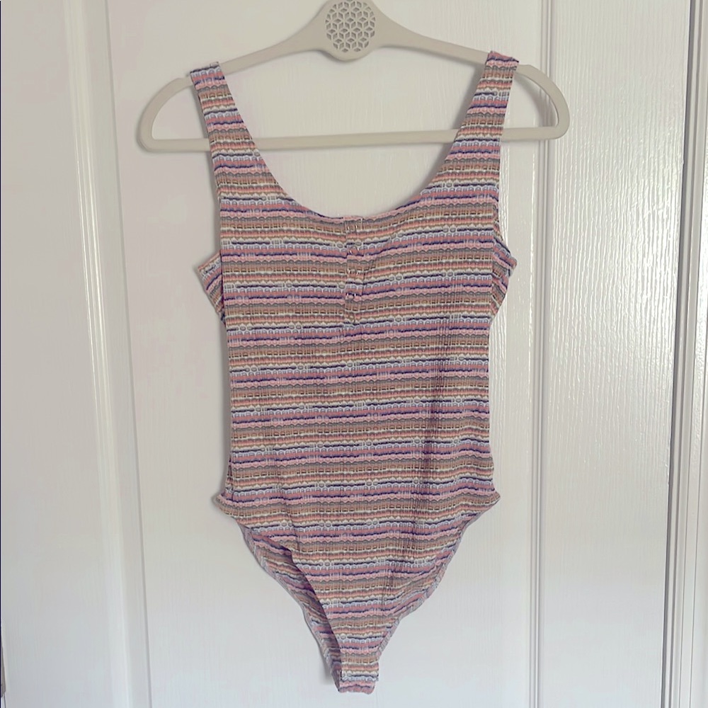 NWT Wild Fable Striped Button Down Bodysuit with Classic Scoop Neckline